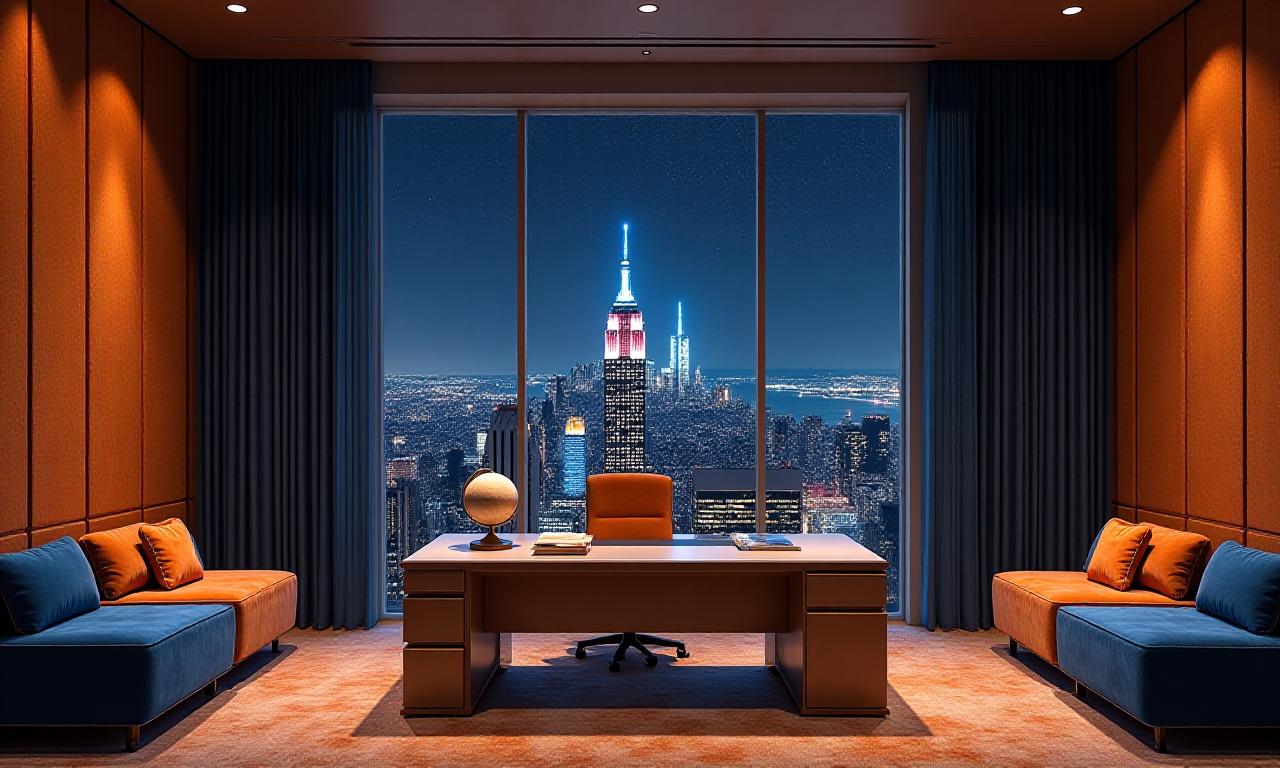 A modern cosmic-themed consulting workspace with textile textures